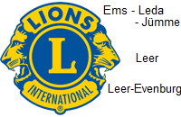 Logo von Lions Club International in Gelb und Blau, begleitet von dem Text: Ems - Leda - Jümme, Leer, Leer-Evenburg.