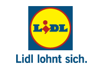 Das Lidl-Logo besteht aus einem blauen Quadrat mit einem gelben Kreis, rotem Rand und dem Markennamen sowie dem Slogan „Lidl lohnt sich“.