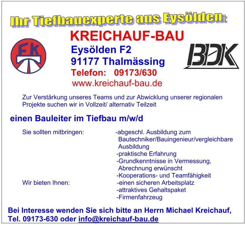 Stellenausschreibung Bauleiter im Tiefbau m/w/d