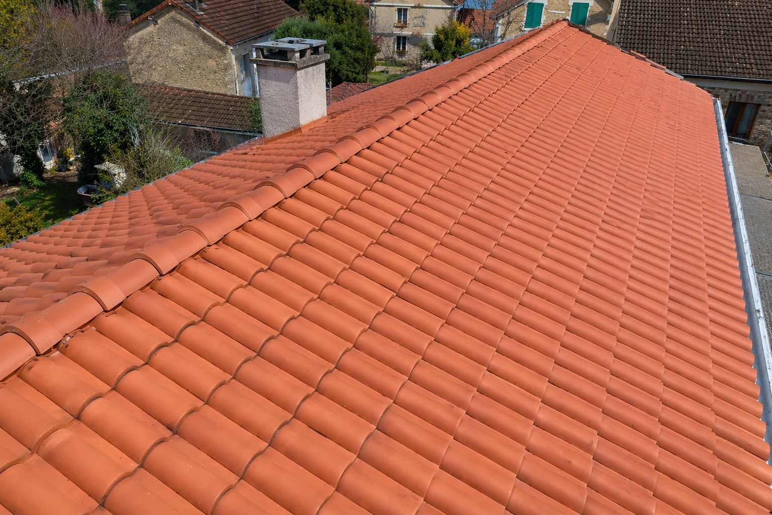 Vue en plongée d'un toit de tuiles en terre cuite orange vif.