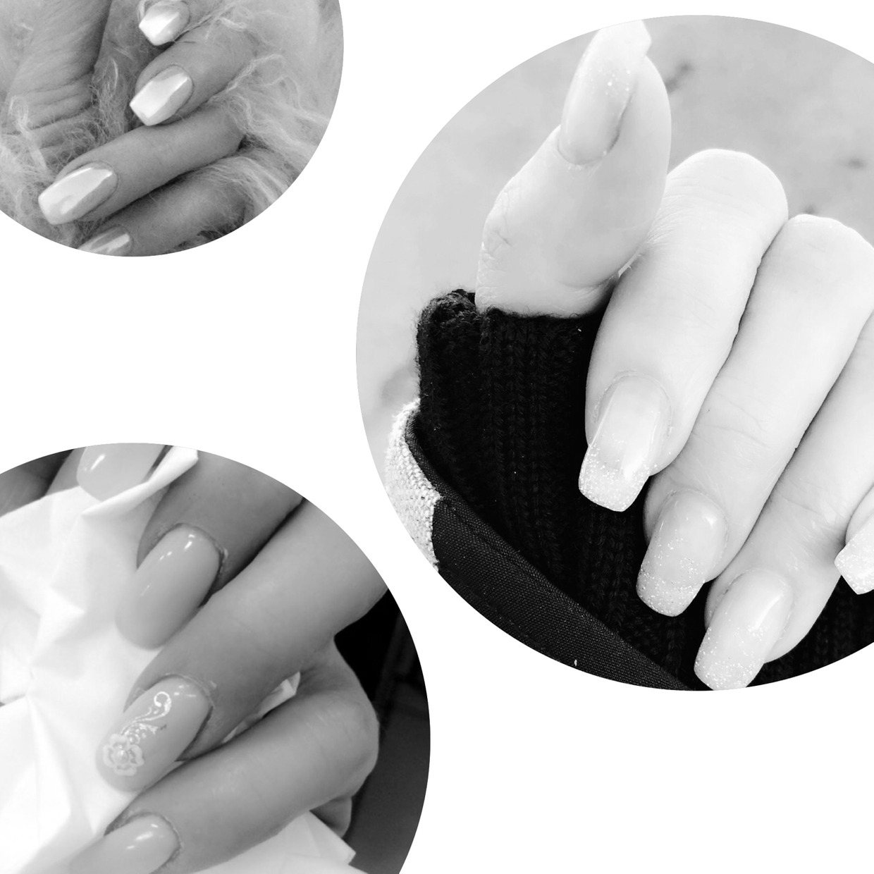 Hände mit manikürten Nägeln in drei überlappenden kreisförmigen Ansichten.