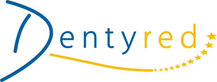 Logotipo para Dentyred con letra "D" azul, texto azul y amarillo, con estrellas.
