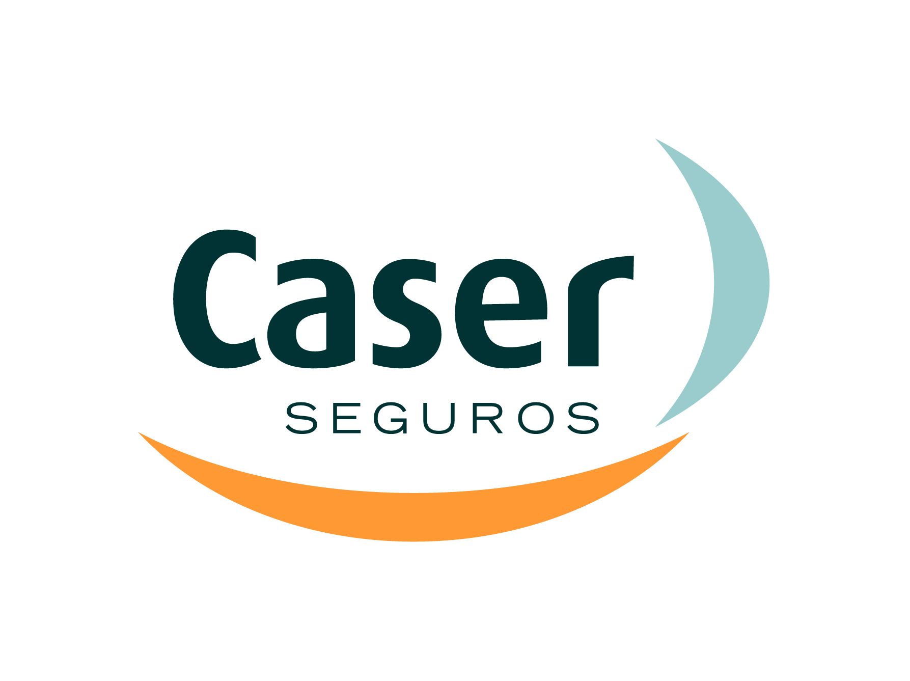 Logotipo de Caser Seguros: texto verde oscuro encima de "SEGUROS"; formas curvas de color naranja y verde azulado.