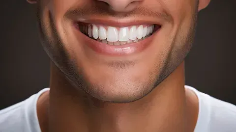 Un primer plano de la sonrisa de un hombre con dientes blancos.