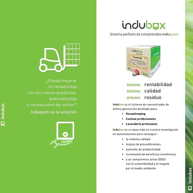 Se muestra un folleto de indubox sobre un fondo verde.