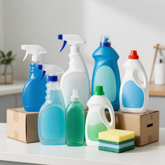 Una canasta llena de productos de limpieza, incluidas botellas de spray, esponjas, cepillos y guantes.