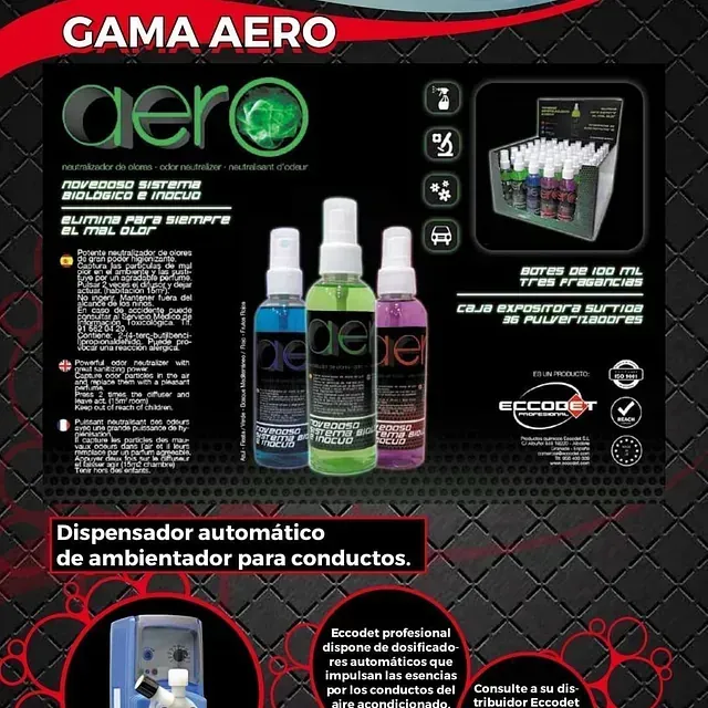 An advertisement for gama aero shows a dispenser automatic de ambientador para conductos
