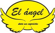 Logotipo amarillo con texto en cursiva negra &ldquo;El &aacute;ngel&rdquo; y texto m&aacute;s peque&ntilde;o &ldquo;date un capricho&rdquo; dentro de formas de alas.