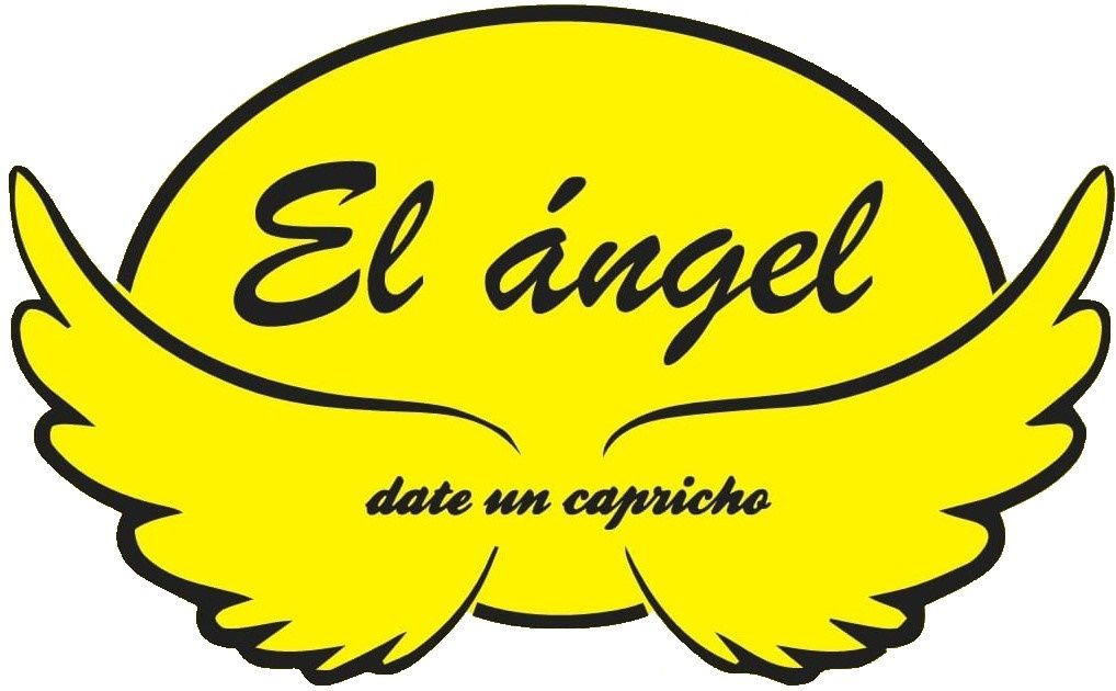 Logotipo ovalado amarillo con texto en letra cursiva negra "El &aacute;ngel" y en letra m&aacute;s peque&ntilde;a "date un capricho"