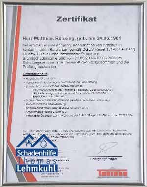 Gerahmte deutsche Urkunde mit Text und blau-roten Logos am unteren Rand.