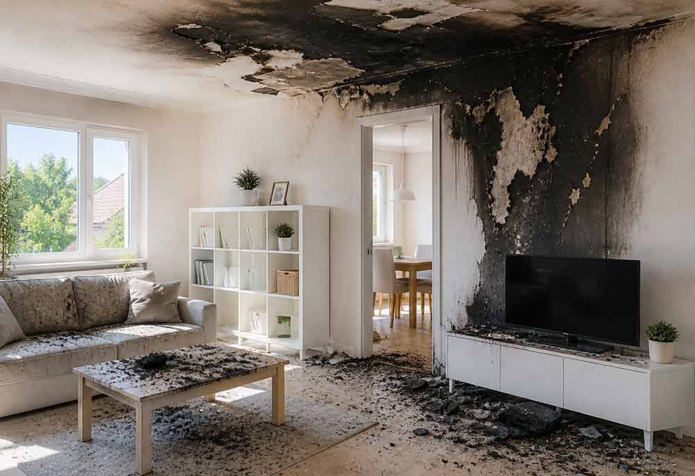Vom Rauch beschädigtes Wohnzimmer mit verkohlter Decke, rußbedecktem Boden, Sofa, Fernseher und weißem Regal.