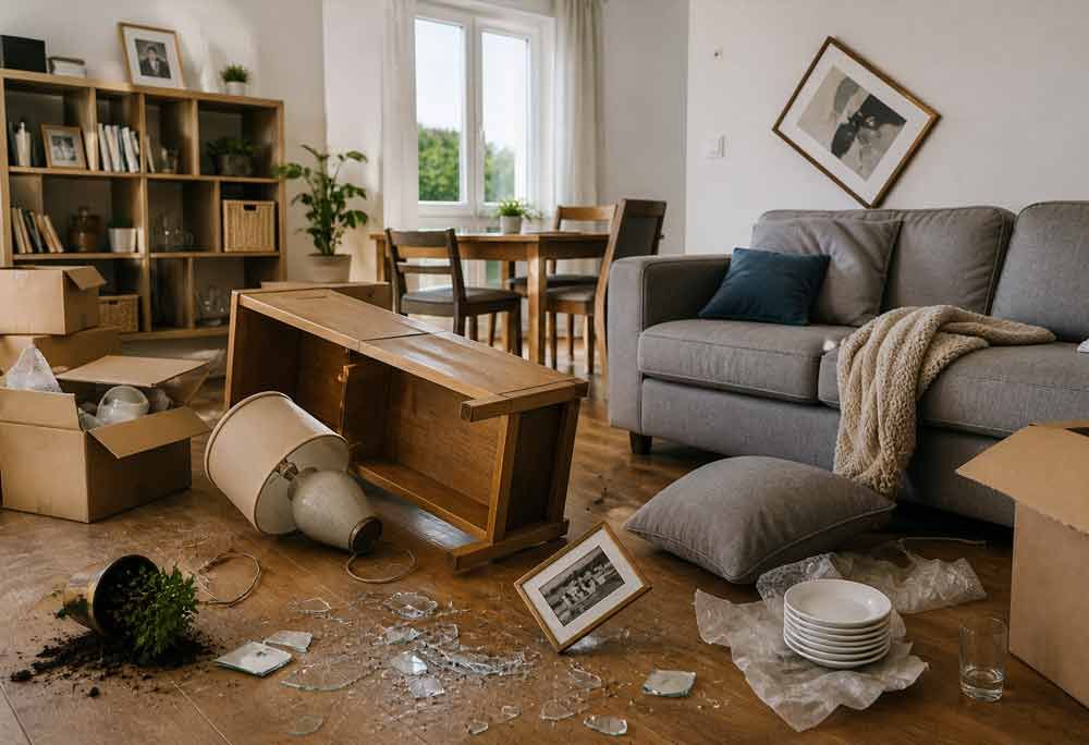Wohnzimmer mit umgestürztem Tisch, zerbrochenem Glas, umgestürzter Pflanze und verstreutem Geschirr nach dem Unglück.