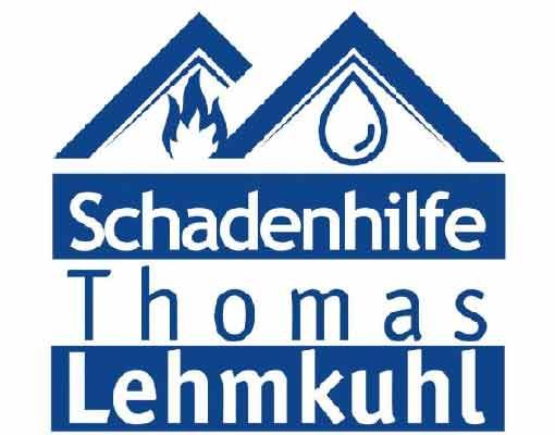 Logo für Schadenhilfe Thomas Lehmkuhl mit blauen Hausdach-Symbolen und Wasser- und Feuersymbolen