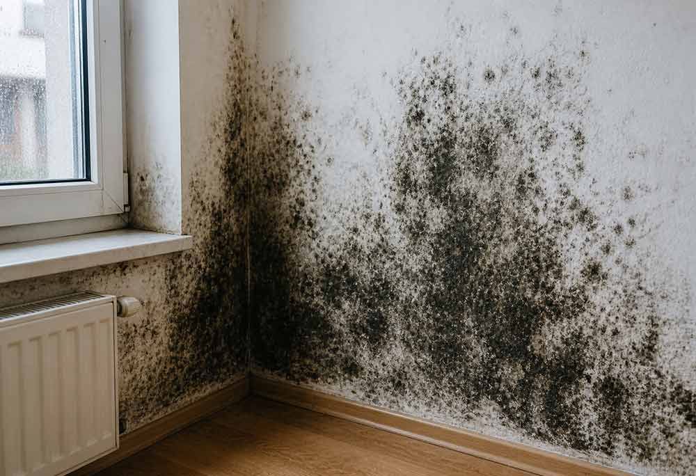 Eckwand mit starkem schwarzem Schimmelbefall über einem Heizkörper und einem Fenster in einem Zimmer