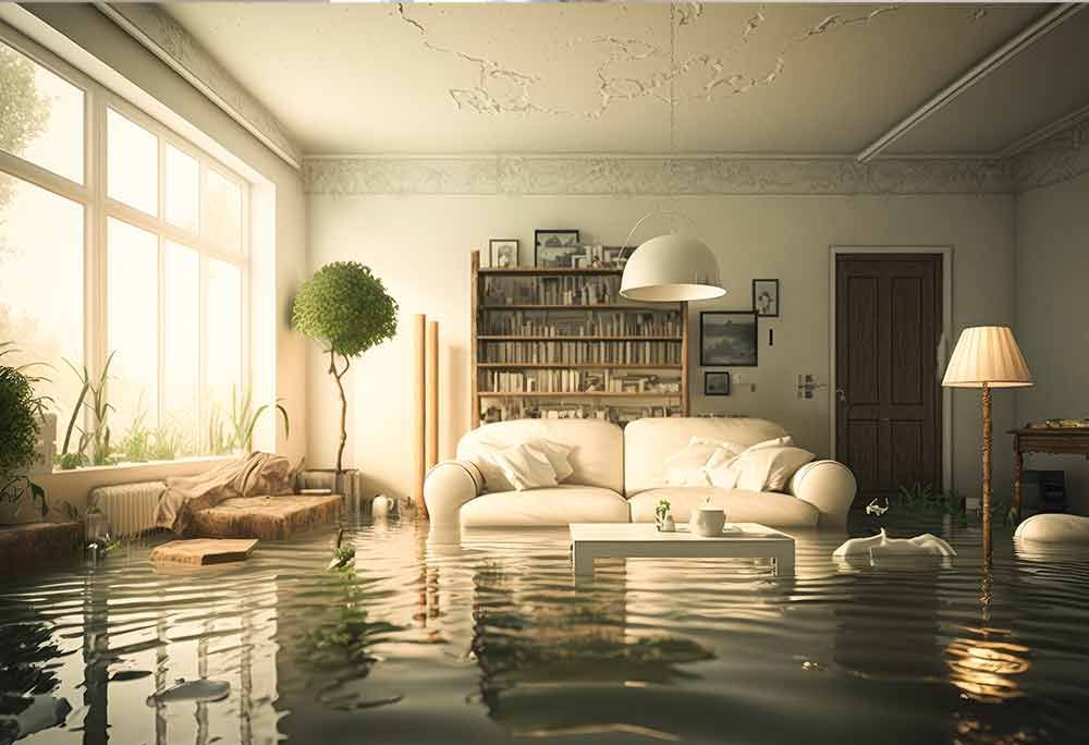 Lichtdurchflutetes Wohnzimmer mit cremefarbenem Sofa, Bücherregal, Lampen und Sonnenlicht durch große Fenster