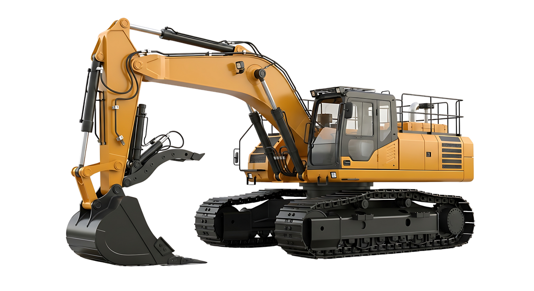 Pelle hydraulique jaune à chenilles noires et godet fixé, isolée sur fond blanc.