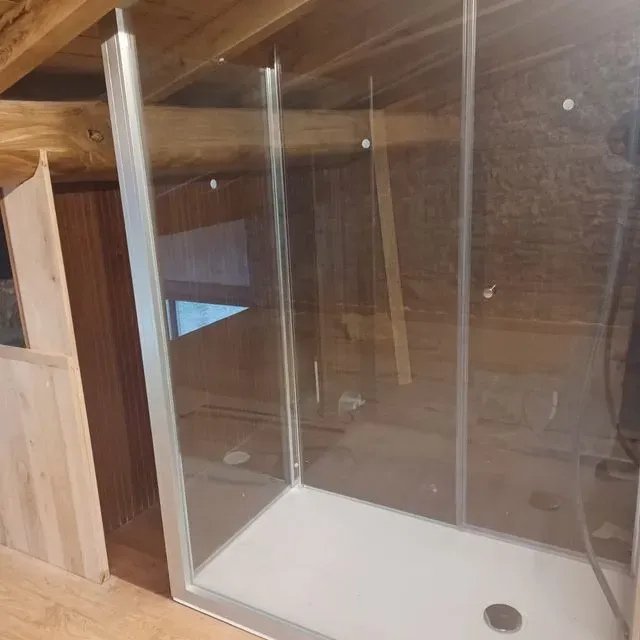 Un baño con ducha a ras de suelo y puerta de cristal transparente.