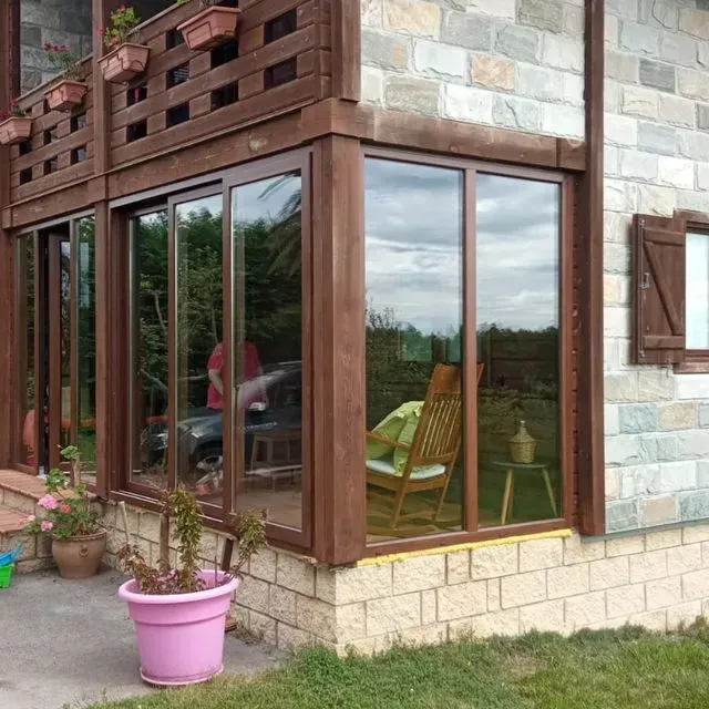 Una casa con muchas ventanas y una planta rosa en maceta.