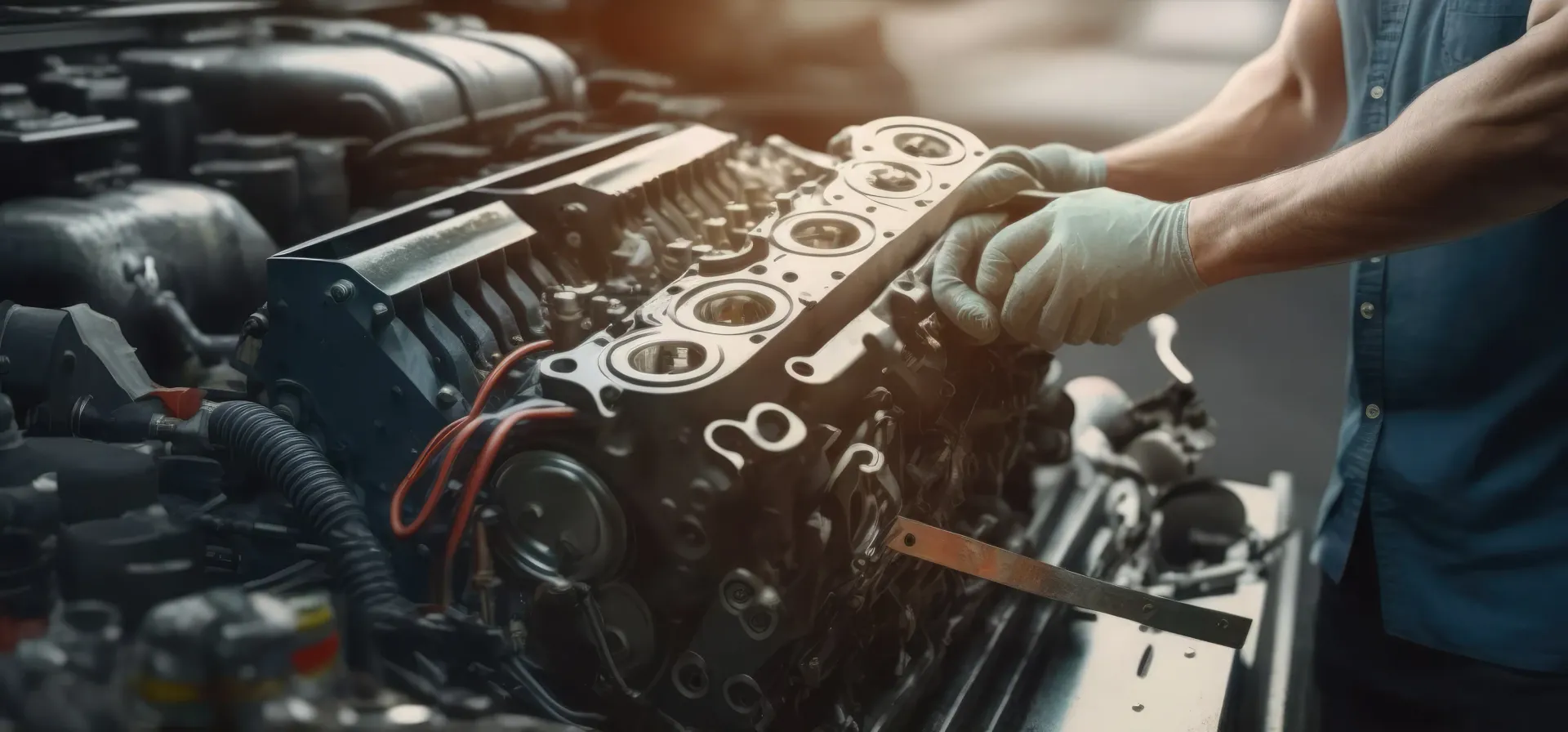 Un mecánico con guantes trabaja en el motor de un coche en un taller.