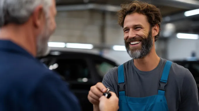 Un mecánico entrega las llaves del coche a un cliente; ambos sonríen en un taller.