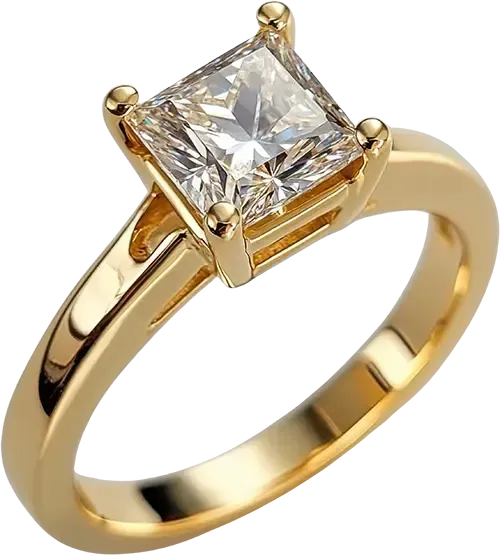 Goldener Verlobungsring mit einem quadratisch geschliffenen Diamanten in einer Vier-Krappen-Fassung.
