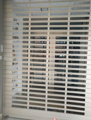 Una puerta enrollable blanca con muchas ventanas.