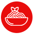 Un tazón de fideos con un lazo encima dentro de un círculo rojo.