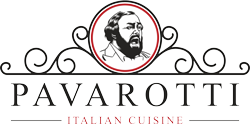 El logotipo de la cocina italiana Pavarotti tiene un hombre barbudo en un círculo.