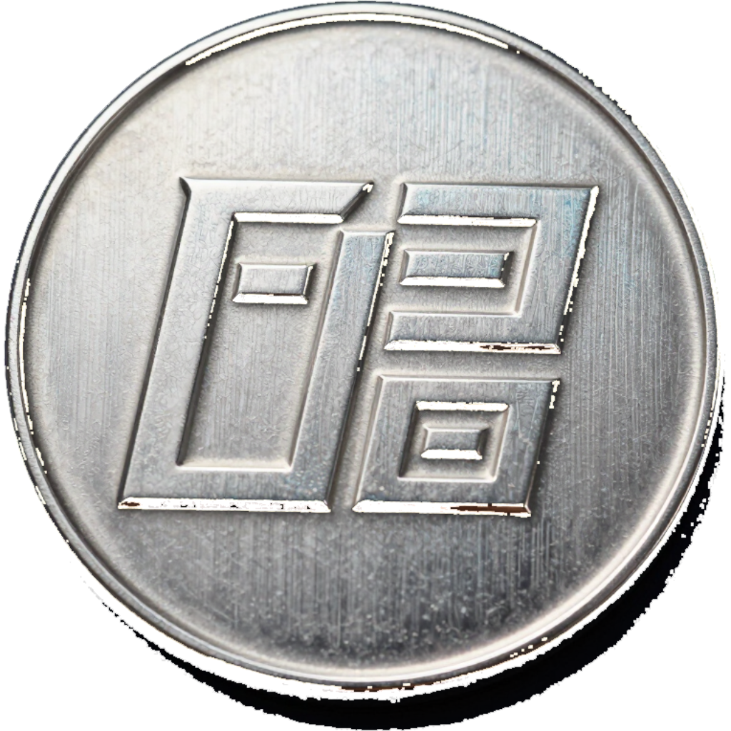 Moneda o botón de metal plateado con un logotipo geométrico en relieve sobre un fondo liso.