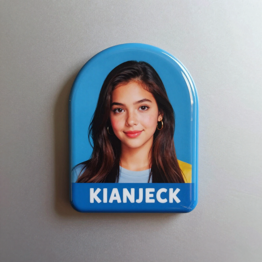 Insignia azul con una foto de retrato y el nombre “KIANJECK” sobre un fondo gris.
