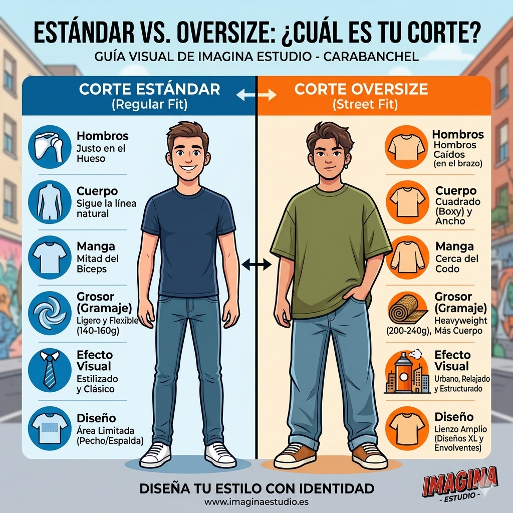 tabla comparativa sobre las tallas y medidas de una prenda de ropa estándar frente a una prenda estilo oversize