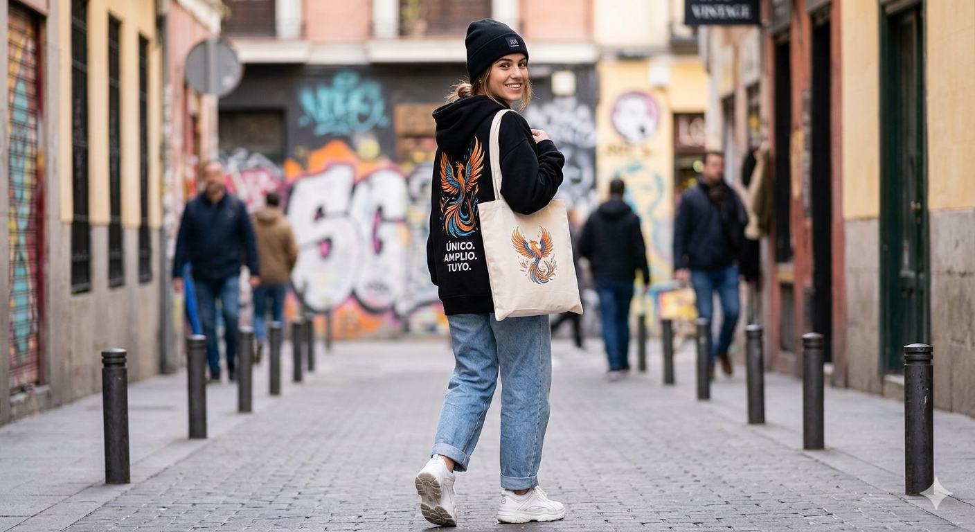 Woman walking down a cobblestone street, smiling back over her shoulder, wearing a black beanie and white tote bag.
