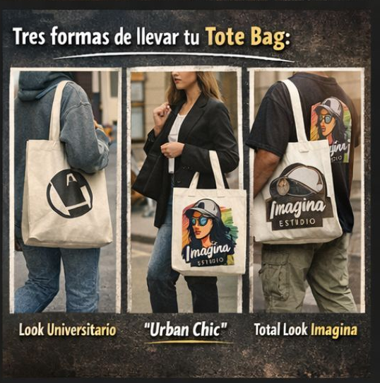 Tres personas que visten con tres estilos para llevar una tote bag: look universitario, urban chic y total look.