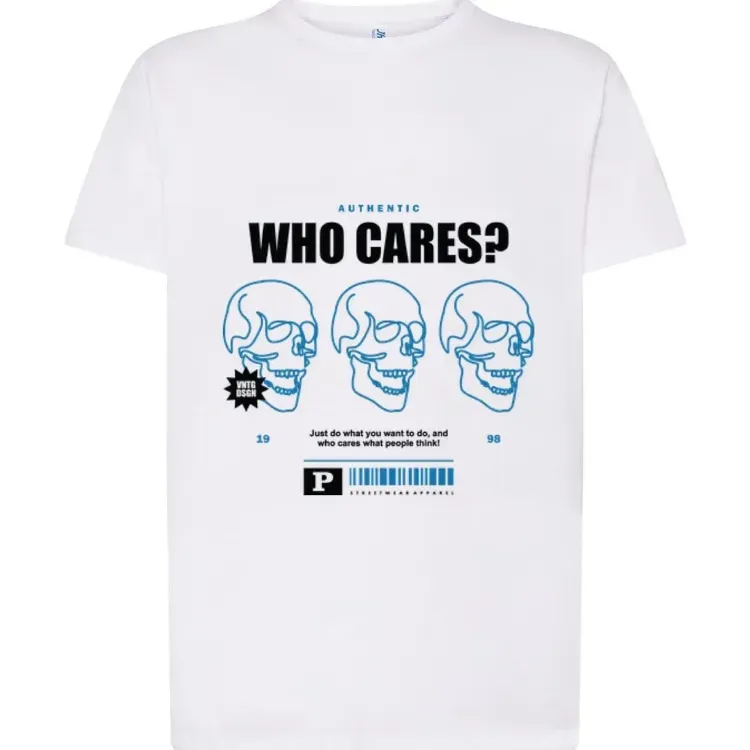 Camiseta blanca con un gráfico de una calavera azul y texto en negrita que dice 