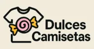 Logotipo de Dulces Camisetas con una camiseta blanca y un icono de caramelo rosa.