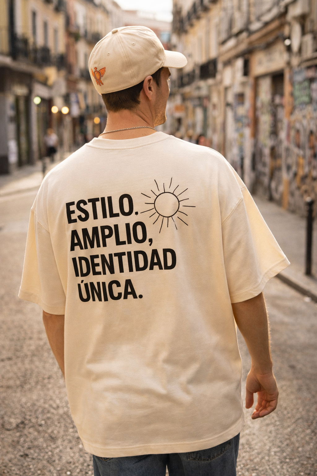Chico de espaldas con camiseta estilo oversize con texto en negro