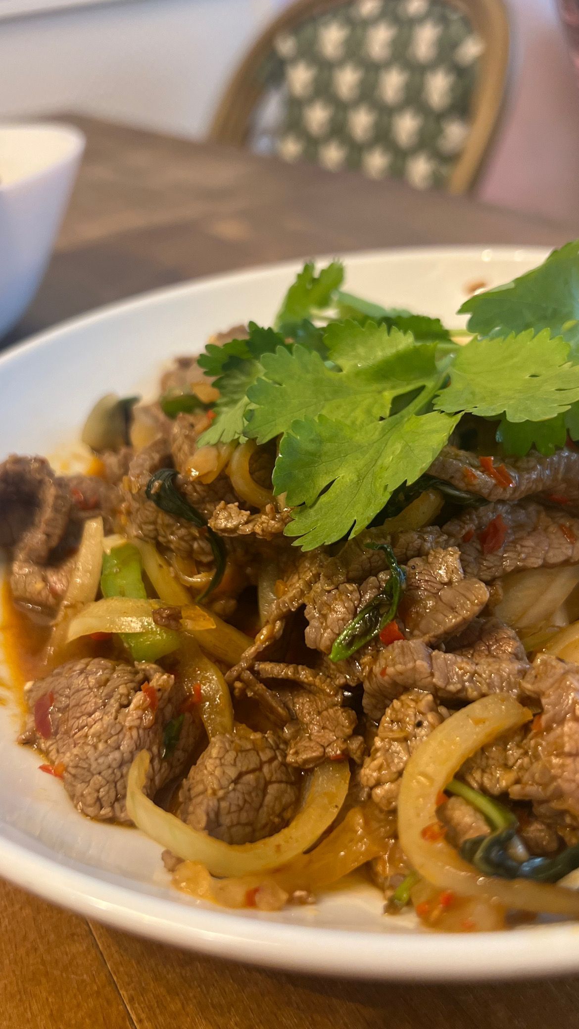 Bol de nouilles sautées au bœuf, aux oignons et à la coriandre sur une table