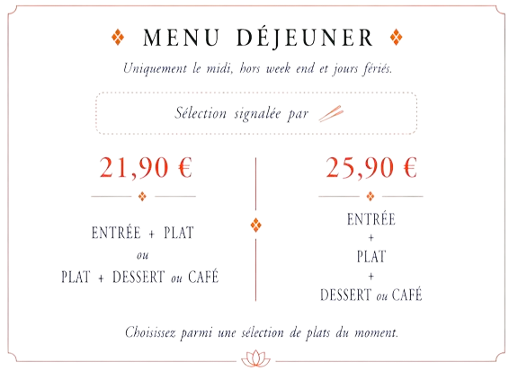 Tableau des menus du midi avec deux formules et leurs prix.