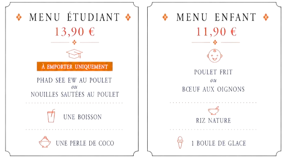 Carte avec deux menus : étudiant 13,90€ et enfant 11,90€, avec les options de repas listées.