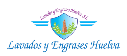 Logotipo de Lavados y Engrases Huelva con escudo azul, &aacute;rboles y texto azul cursivo sobre fondo blanco.