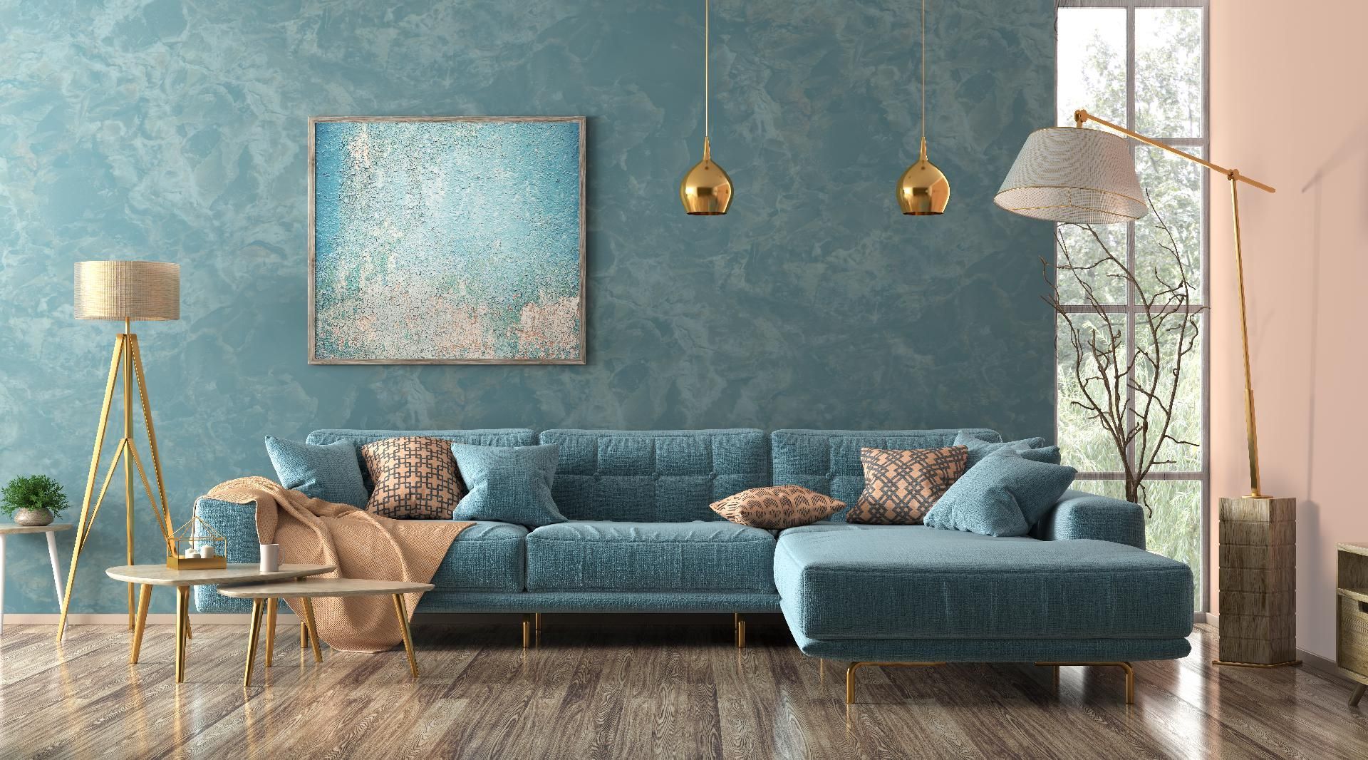 Modernes Wohnzimmer mit türkisfarbenem Sofa, goldenen Akzenten, abstrakter Kunst und großen Fenstern
