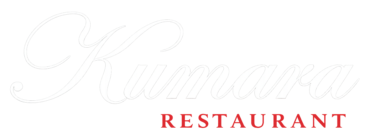 Logotipo blanco tenue sobre el texto rojo &ldquo;RESTAURANT&rdquo; sobre un fondo blanco.