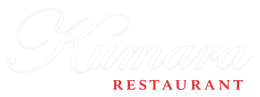 Logotipo blanco tenue sobre el texto rojo &ldquo;RESTAURANT&rdquo; sobre un fondo blanco.