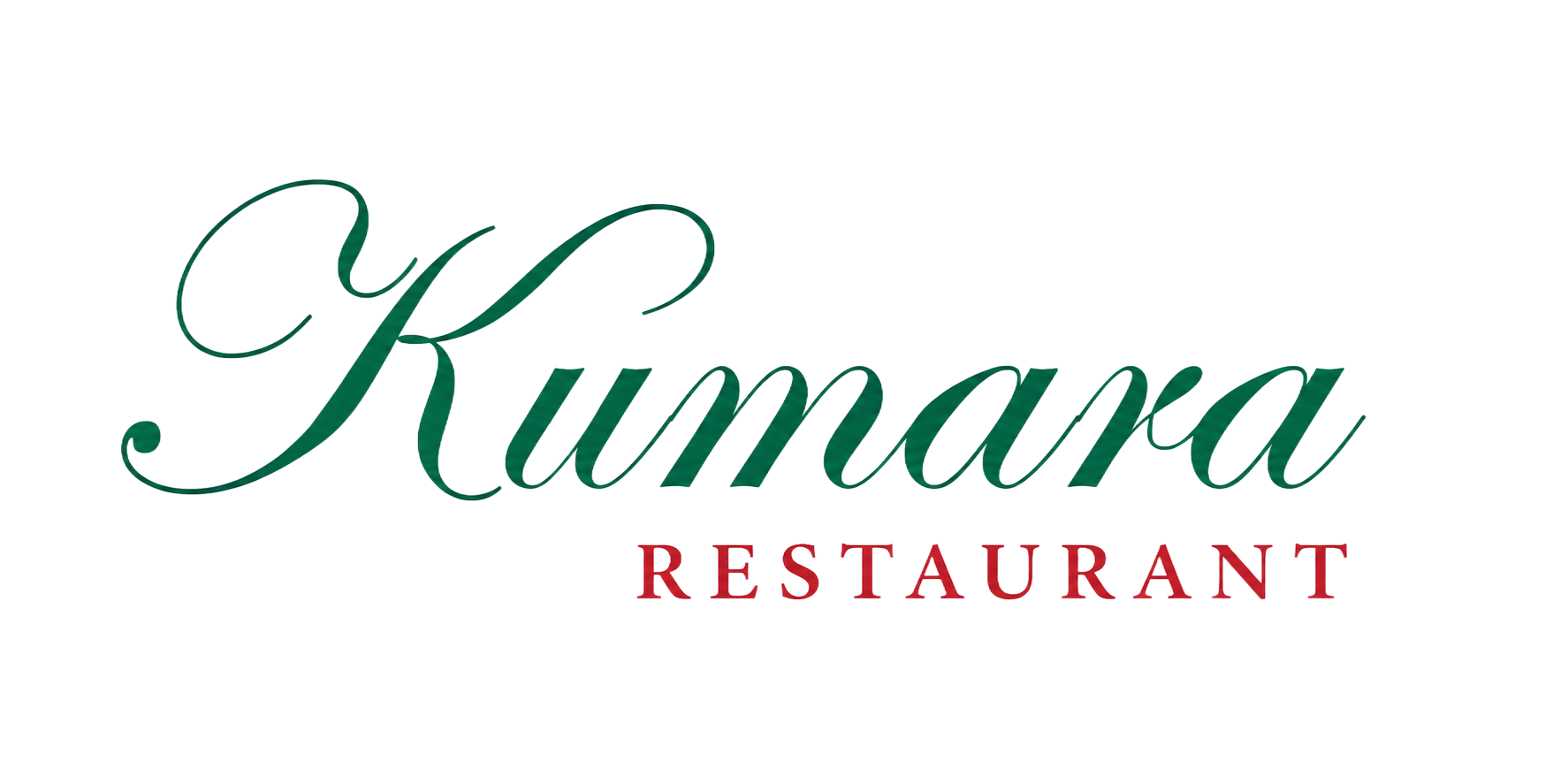 Logotipo del restaurante Kumara con texto verde en cursiva y rojo con serifa sobre un fondo blanco.