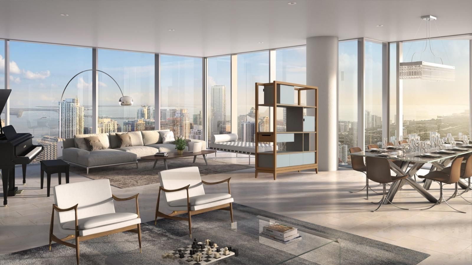 Eine künstlerische Darstellung eines Wohnzimmers mit Klavier und Blick auf die Stadt.