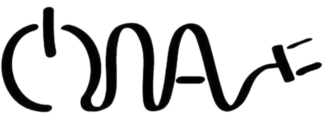 Logotipo que combina un botón de encendido, una hélice de ADN y un enchufe.