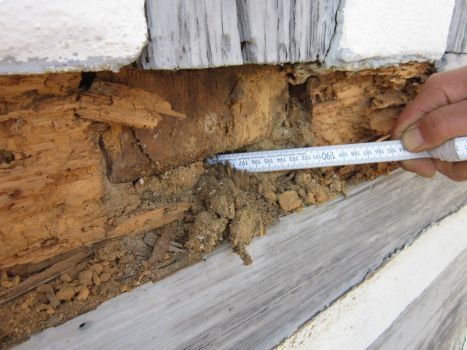 HB Holzbau Breymaier GmbH – Arbeiter mit Zollstock demonstriert Holzverfall an einer Fassade
