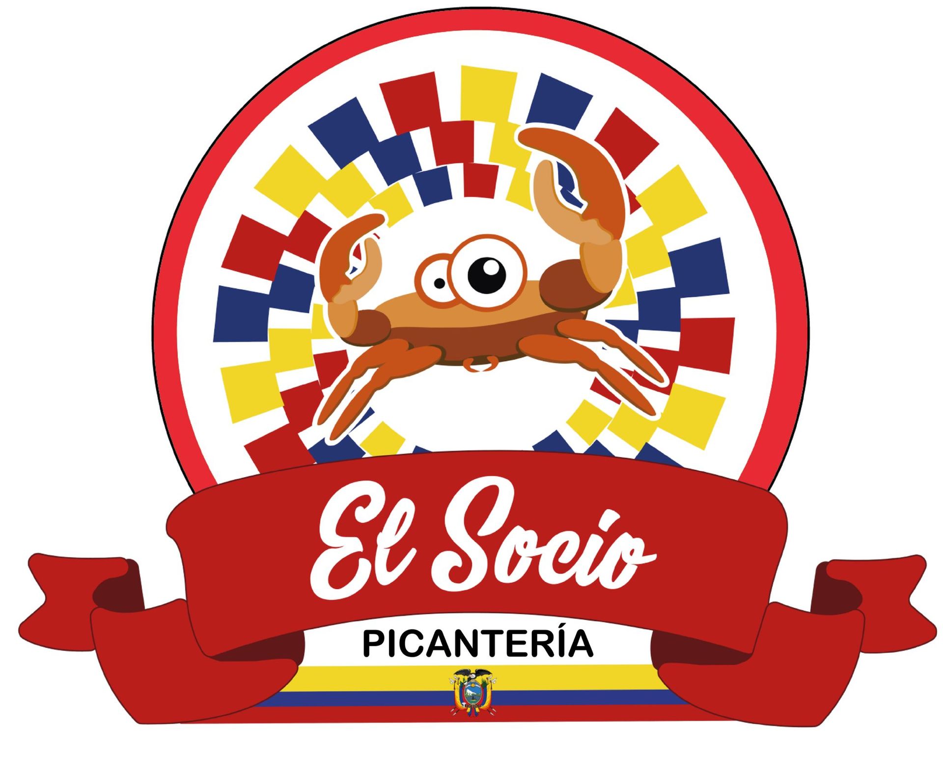 Logotipo de El Socio Picanter&iacute;a que muestra un cangrejo de dibujos animados sobre un c&iacute;rculo de mosaico colorido