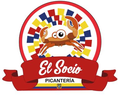 Logotipo de El Socio Picanter&iacute;a que muestra un cangrejo de dibujos animados sobre un c&iacute;rculo de mosaico colorido