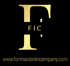 Un logotipo negro y dorado para www.formacionincompany.com
